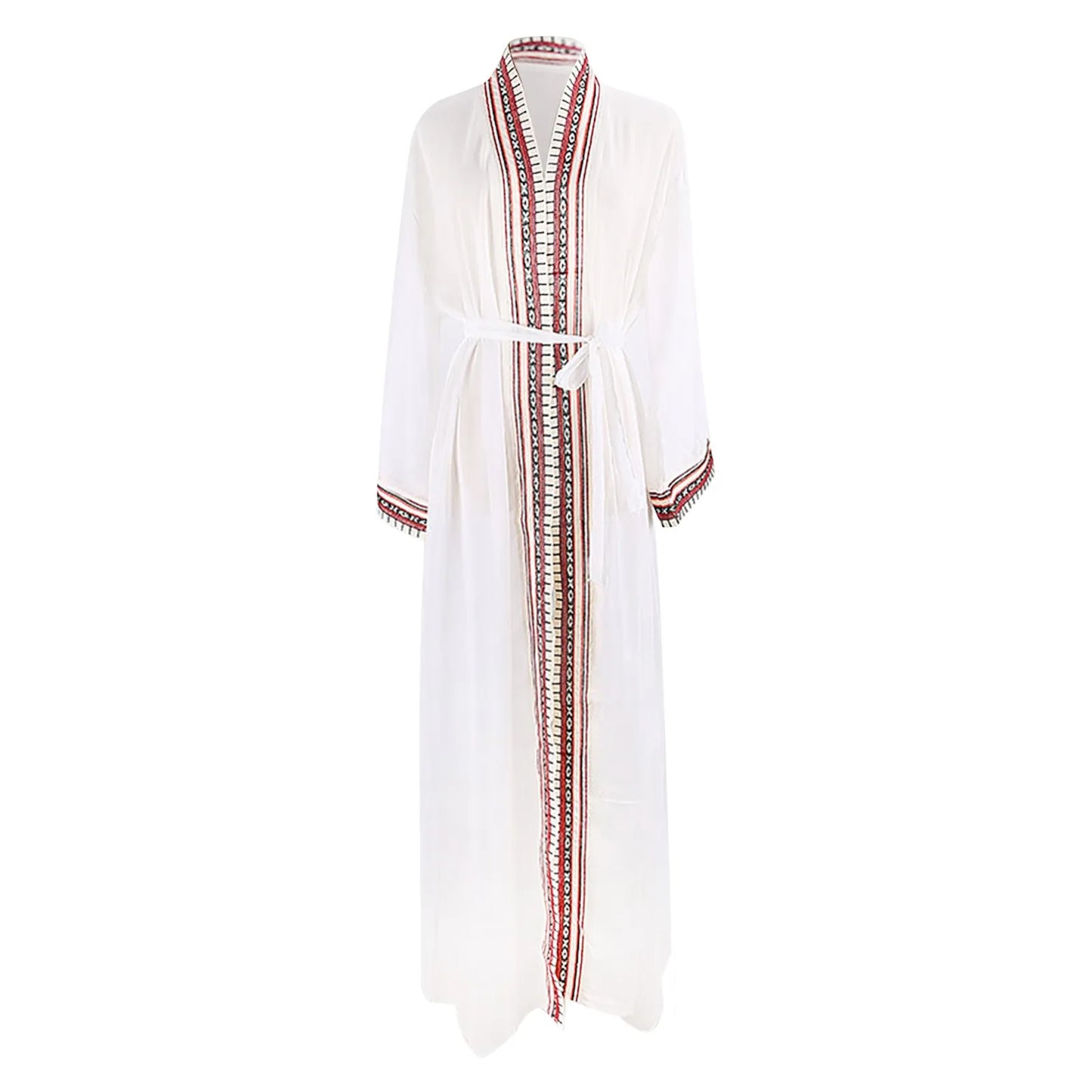 White Chiffon Long Maxi Kimono Cardigan Women Beach Cover Up Embroidery Edge with Belt Tunica Kaftans Femininos Beachwear 2024
