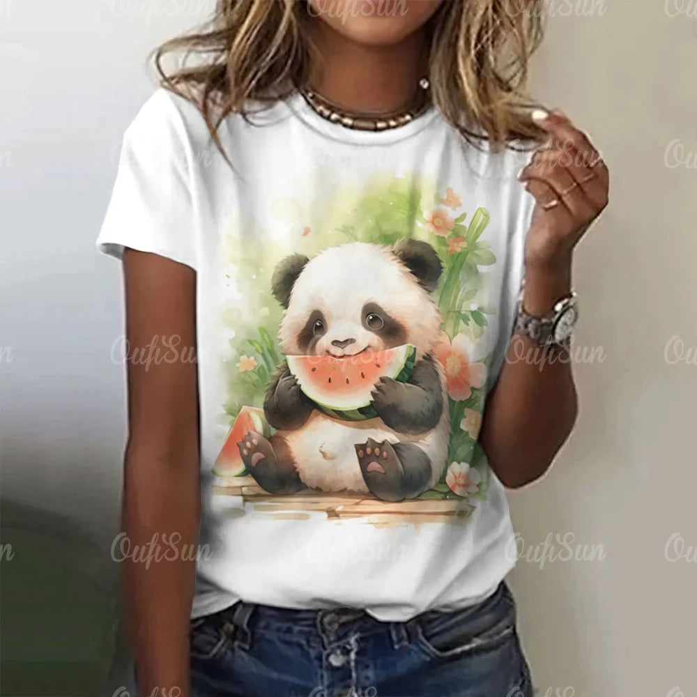 Cartoon Panda Pattern Women's T-Shirt O Neck Short Sleeve Tees Loose Pullover Summer For Ladies Female Fashion Streetwear Tops