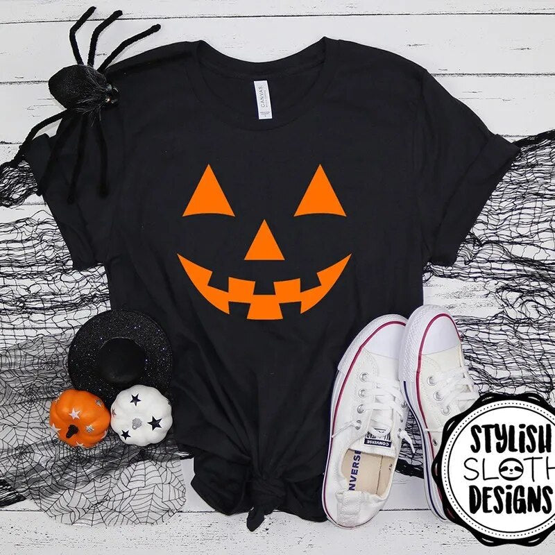 Funny Pumpkin Face Women T Shirts Orange Halloween T-shirt Causal Streetwear Fall Witch Graphic Tee Women's Clothes Festival Top