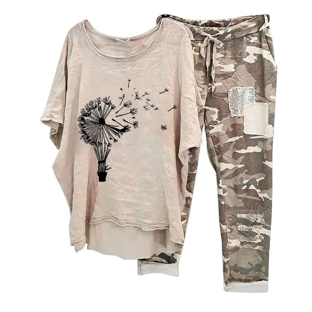 Womens Two Piece Camouflage Set Summer Outfits for Women Cotton Linen Suit 2023 Casual Print Short Sleeve Harajuku