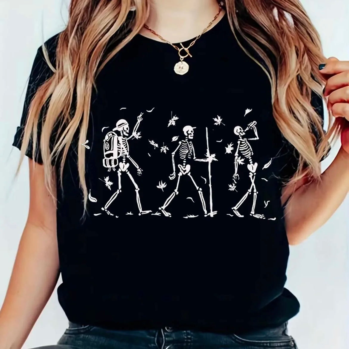 Vintage Fall Vibe Skeletons Hiking Halloween Print 2024 New Short Sleeve Crew Neck Ladies T-shirt Casual Ladies Top Y2K Aestheti