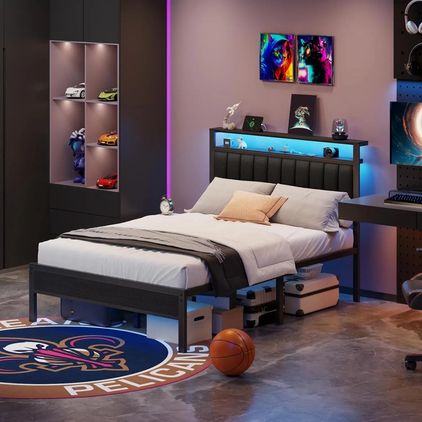 Queen Size Bed Frame with Charging Station and LED Lights, with Metal Slats, Grey Upholstered Headboard.