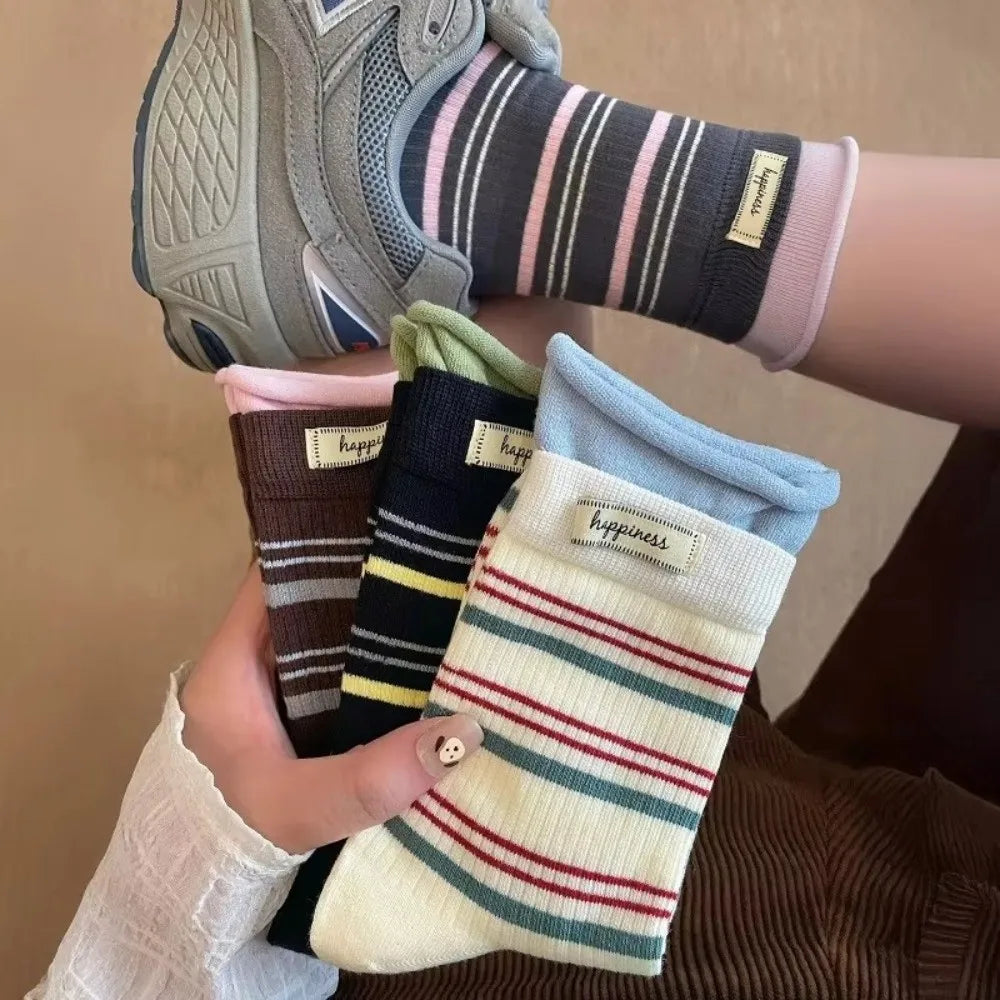 Fake Two-Piece Design Crew Socks Soft Knit Texture Mid-Calf Length Mid-Calf Socks Striped Pattern Striped Socks For Women