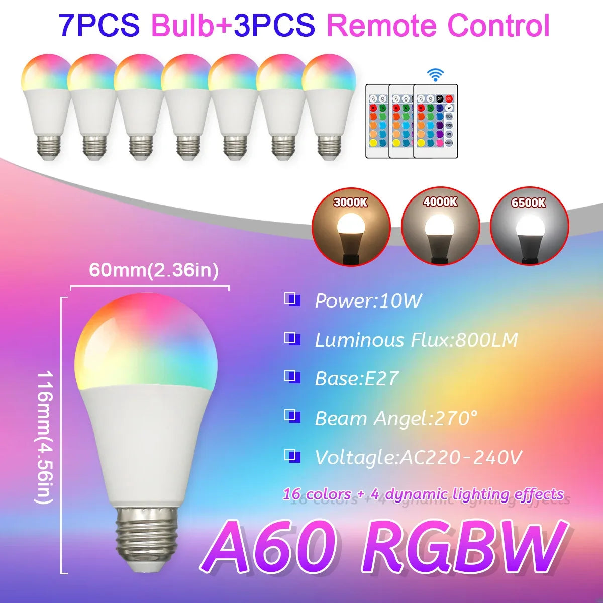 E27 RGB LED Light Bulb 220V 10W with IR Remote Control Color Changing Multicolor + White Lamp Spotlight for Bedroom Party Home