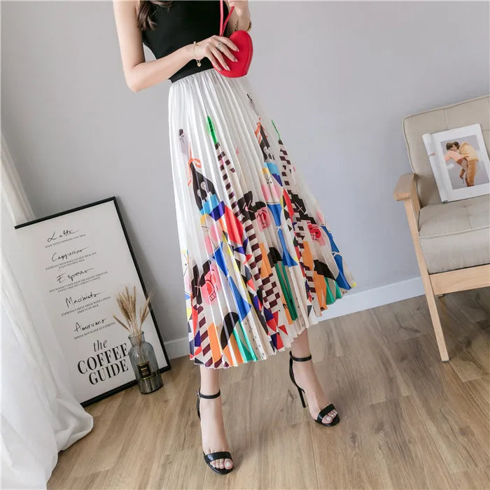 2023 Summer Women Cartoon Print Pleated Skirts A Line High Waisted Elastic Midi Long Skirt Ladies Party Korean Style Dresses