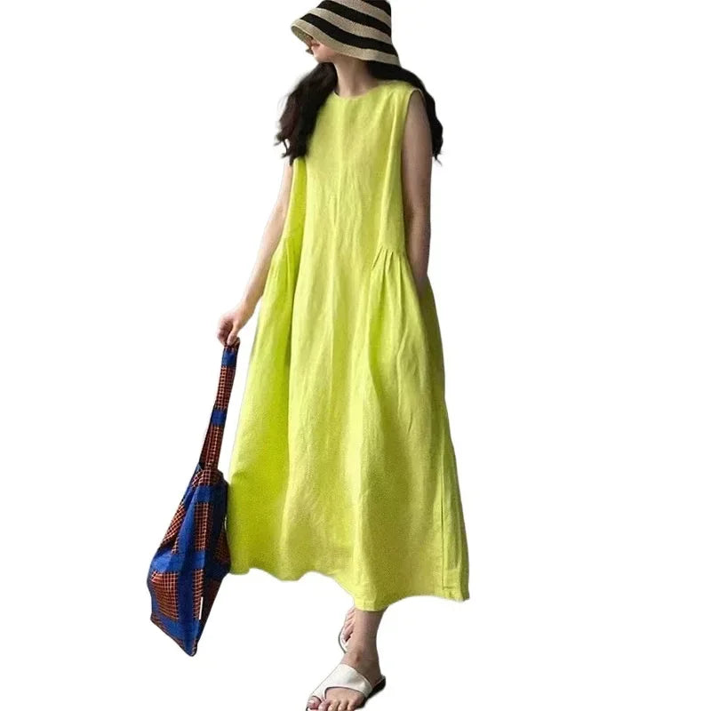 Minimalist Summer Lazy Style round Neck Long Oversized Sleeveless Dress Maxi Dress Comfortable Loose Fit V-Neck Knee-Length Dres