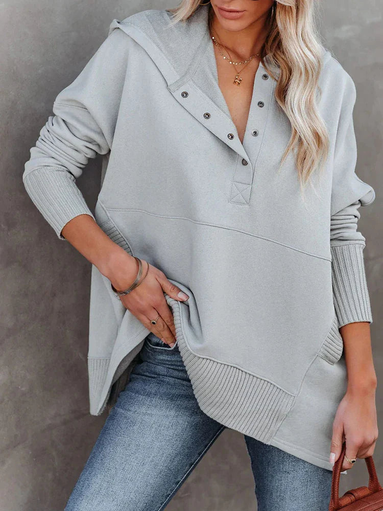 Women's Patchwork Pullover Tops Pockets Button V Neck Solid Hoodies Long Sleeve emale Casual Sweatshirts Fashion Ladies Clothes