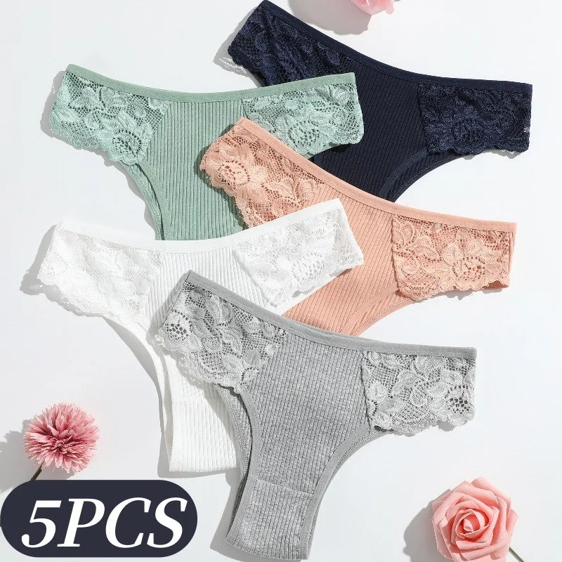 5Pcs/Set Women Cotton Panties Floral Lace Side Panel Low Rise Rib Briefs Low Cut Underwear Comfort Sexy Lingerie Daily Bikini