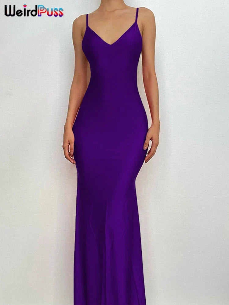 Weird Puss Sexy Backless Women Evening Maxi Dress Folds V-Neck Sleeveless Coquette Elegant Mermaid Matching Banquet Prom Bodycon