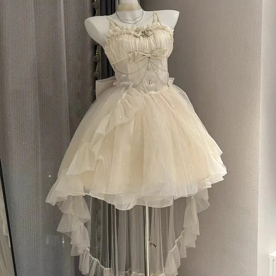 Dark Gothic Lolita JSK Mini Dress Set Women Romantic Starry Sky Shinnig Party Dresses Fairy Sweet Bow Suspender Princess Dress