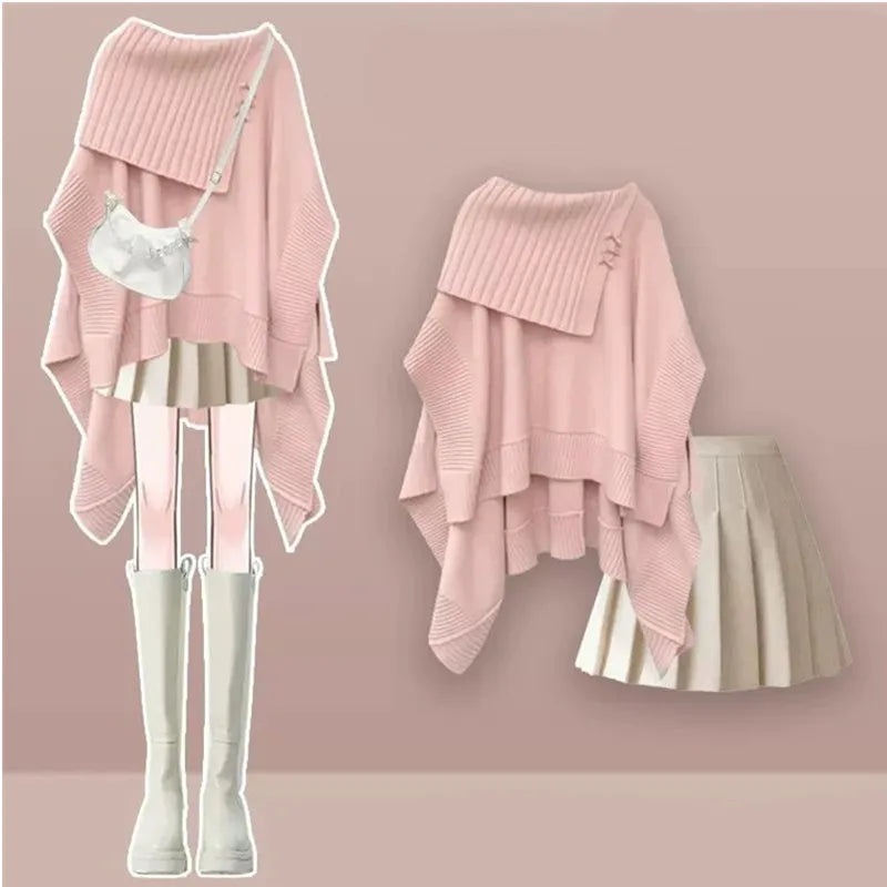 2024 Spring New Loose Knitted Shawl Sweater Mini Pleated Short Skirt Two Piece Set Elegant Women's Skirt Set Sexy Outfits