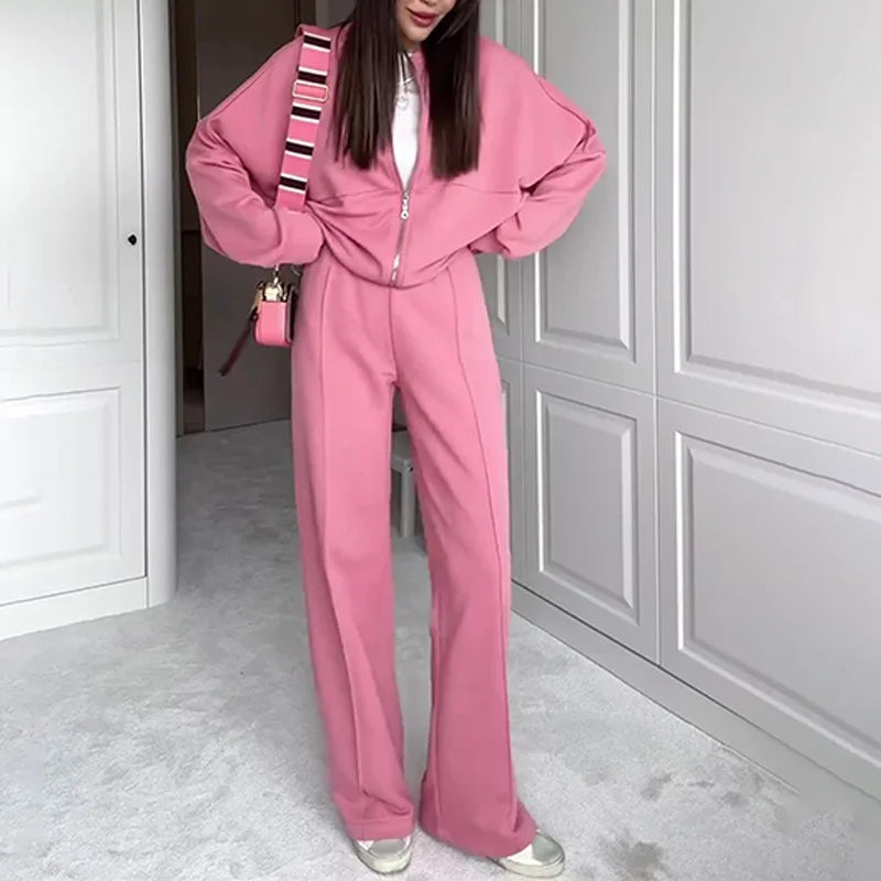 Fashion Women's Suit Zipper Trousers Round Neck Sweatshirt Wide Leg Trousers 2 Piece Set Conjuntos De Pantalón Fall Clothes 2025
