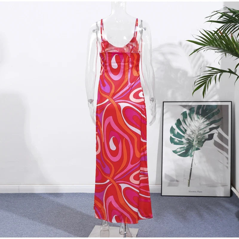 Chic Print Sling Long Dress Women Sleevless Backless Side Split Party Dresses 2025 Summer Street Beach Lady Ankle-length Robes