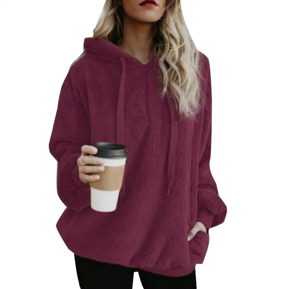 Winter Hoodies Long Sleeve Two Pockets Pullover Sweatshirt Plush Turtleneck Zipper Neck Women Fluffy Sweatshirt Outerwear