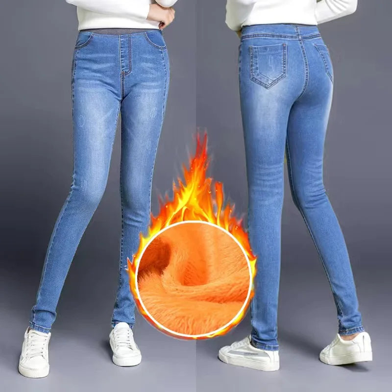 High Waist Skinny Pencil Jeans Mom Fall Winter Thicken Warm Denim Pants Casual Velvet Lined Vaqueros Big Size 38 Stretch Trouser