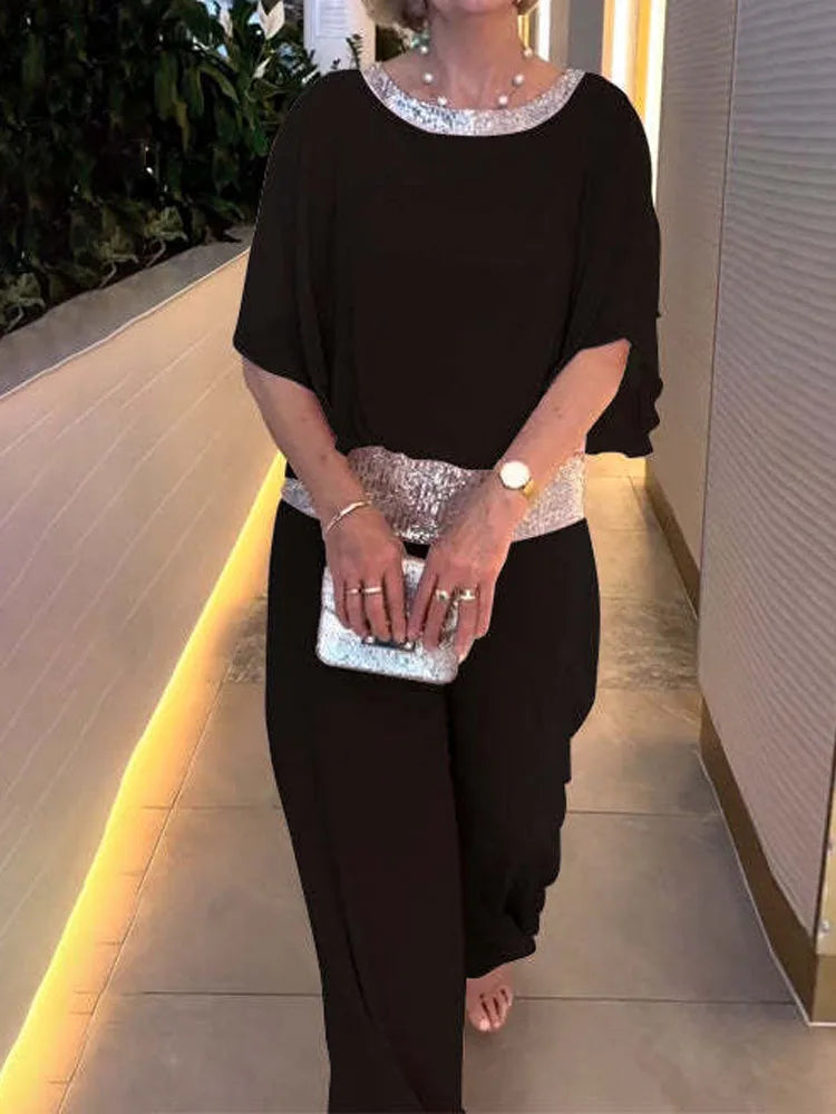 Women Sequined Patchwork Loose Batwing Blouse Pant Sets 2 pcs Sale Pink Loose Blouse&Wide Leg Loose Trousers Suits NMD-250310004