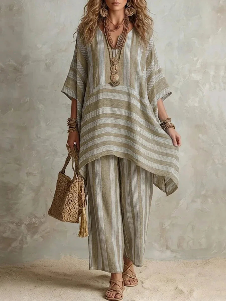 2026 New Women's Two Piece Spring/Summer Fashion V-neck Loose Striped Casual Set