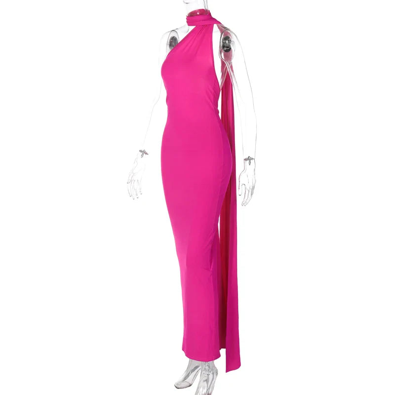 Hugcitar One Shoulder Backless Adjustable Scarf Loop Ruched Sexy Maxi Dress 2025 Women Elegant Y2K Streetwear Festival Outfit