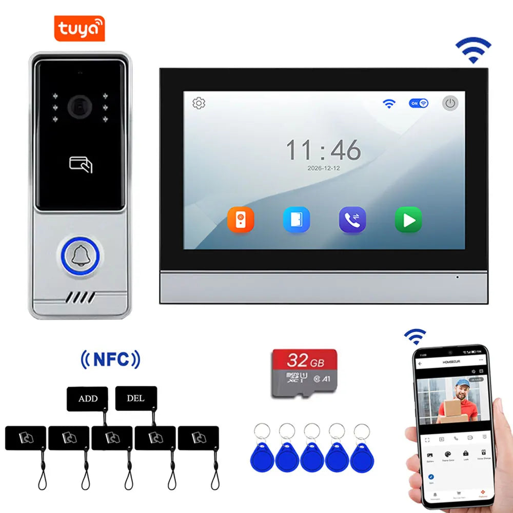 4 Wire Tuya Video Doorbell 7 inch HD Metal IR Camera Video Door Phone Two-way Audio WiFi Visual Intercom System RFID APP Unlock