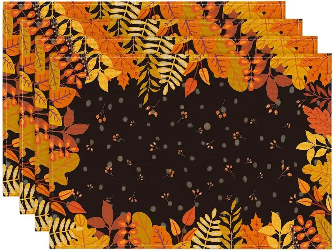 4PCS Thanksgiving Day Table Placemats 30*45cm Linen Autumn Pumpkin Maple Leaf Printed Dining Table Mat Festive Table Decoration