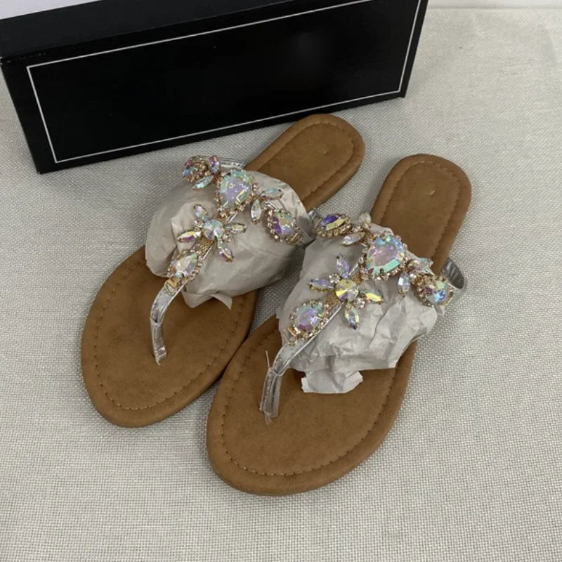 2024 Trendy Summer Women's Shoes Large Size Beautiful Crystal Shiny Flat with Female Sandals  Bohemia Back Strap Footwear