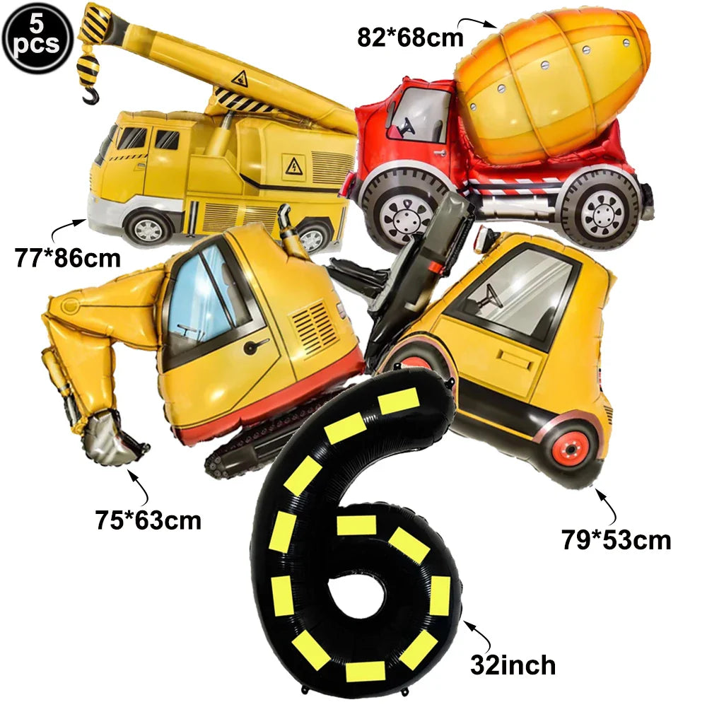 5pcs Construction Themed Balloon Carton Vehicle Balloon Excavator Forklift Crane Balloons for Boy's Construction Birthday Party