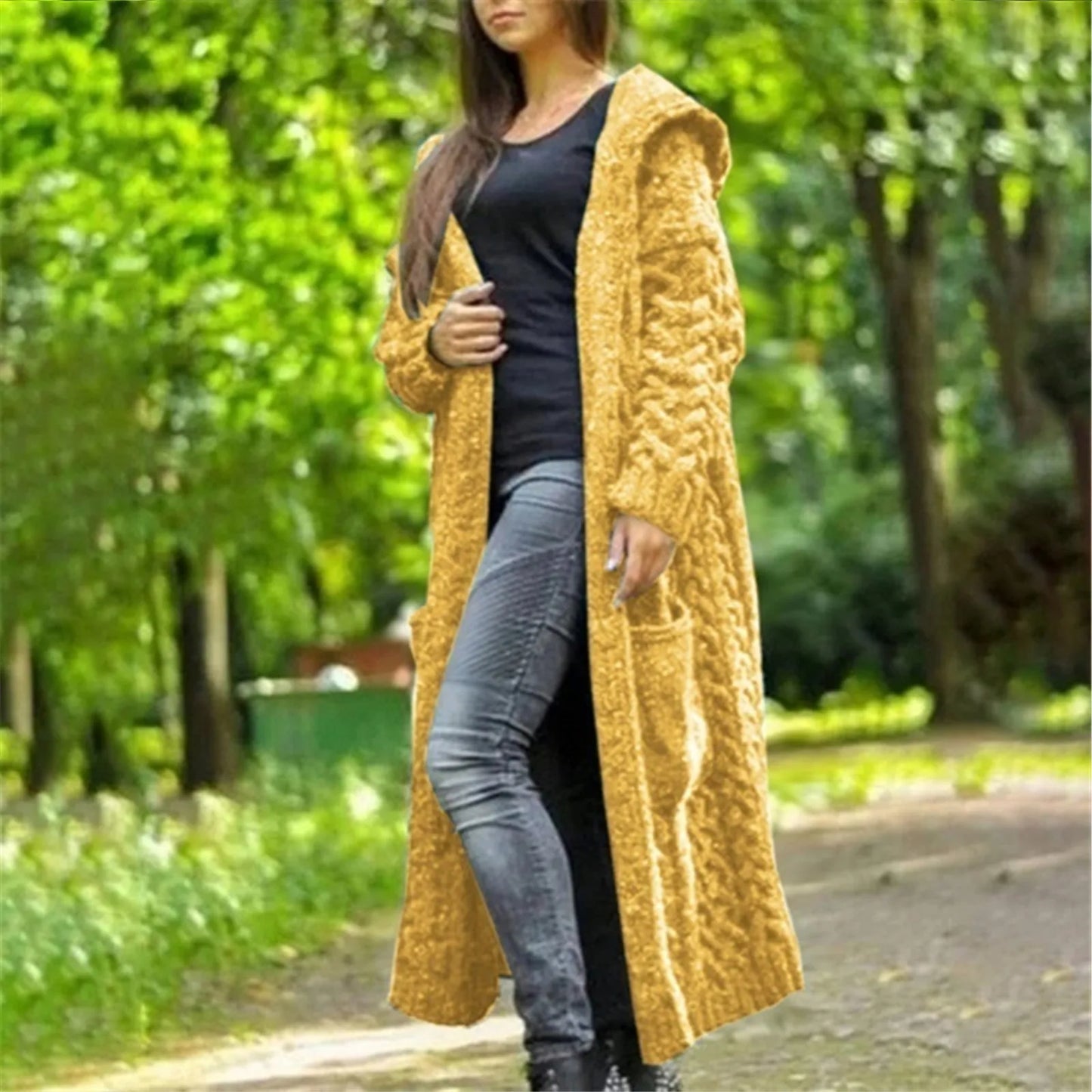 Long Sleeve Loose Cardigan Coat Solid Solid Sweater Winter Long Knitted Pocket Loose Women Cardigan Hooded Limited Sweater Women