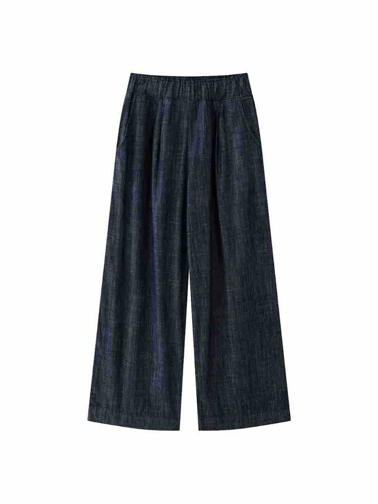 [LANMREM] Vintage Elastic High Waist Jeans For Women Straight Wide Leg Denim Pants Sunscreen Trousers 2024 Summer New 26D9421