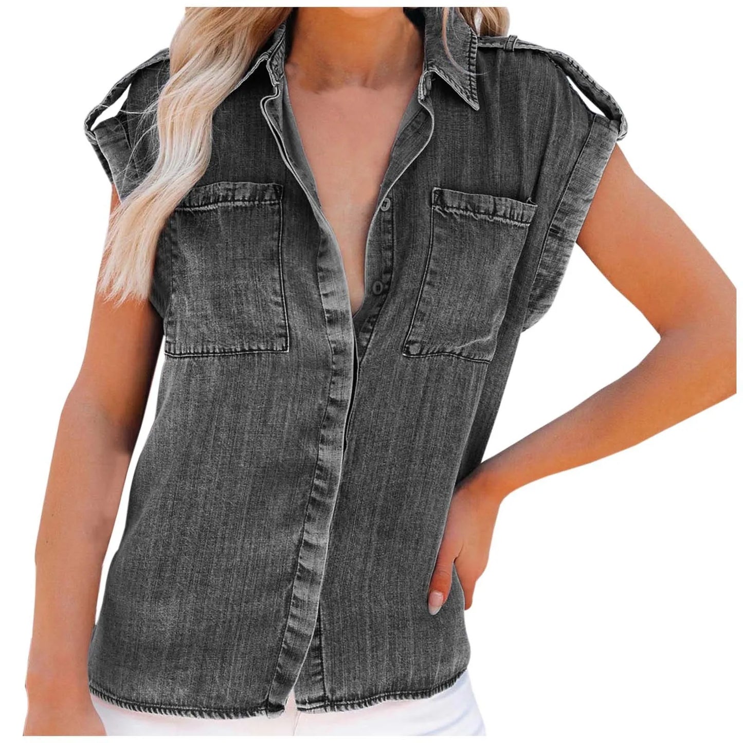 Summer Sleeveless Blouse Pure Color Retro Women'S Short Sleeve Denim T-Shirts Fashionable Street Outdoor Versatile Top 2024