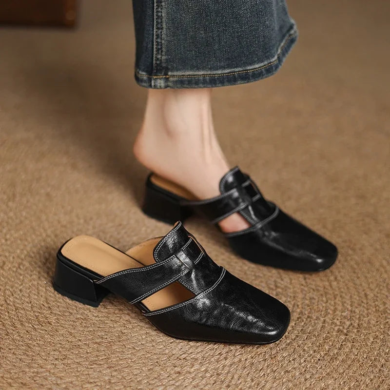 2026 Outside Summer Women Mules Genuine Leather Women Shoes Cover Toe Chunky Med Heel Slippers Concise Modern Slippers Sandals