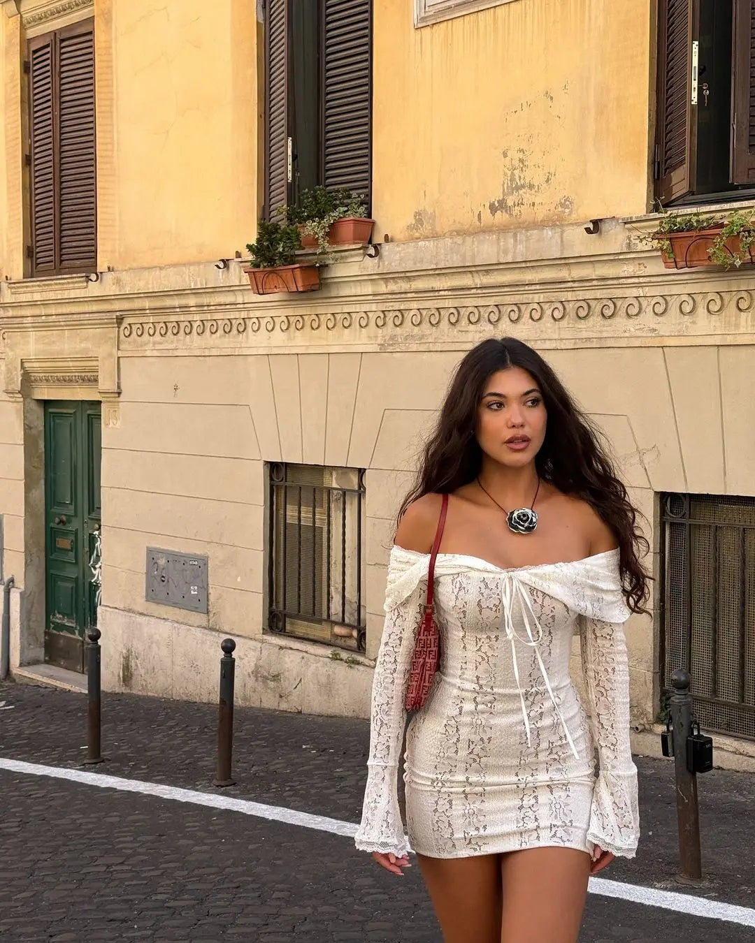 Hollow Out Lace Backless Slim Long Dress Women Strapless Lace Up Off Shoulder Dresses Chic 2025 New Sexy Female Party Club Robes