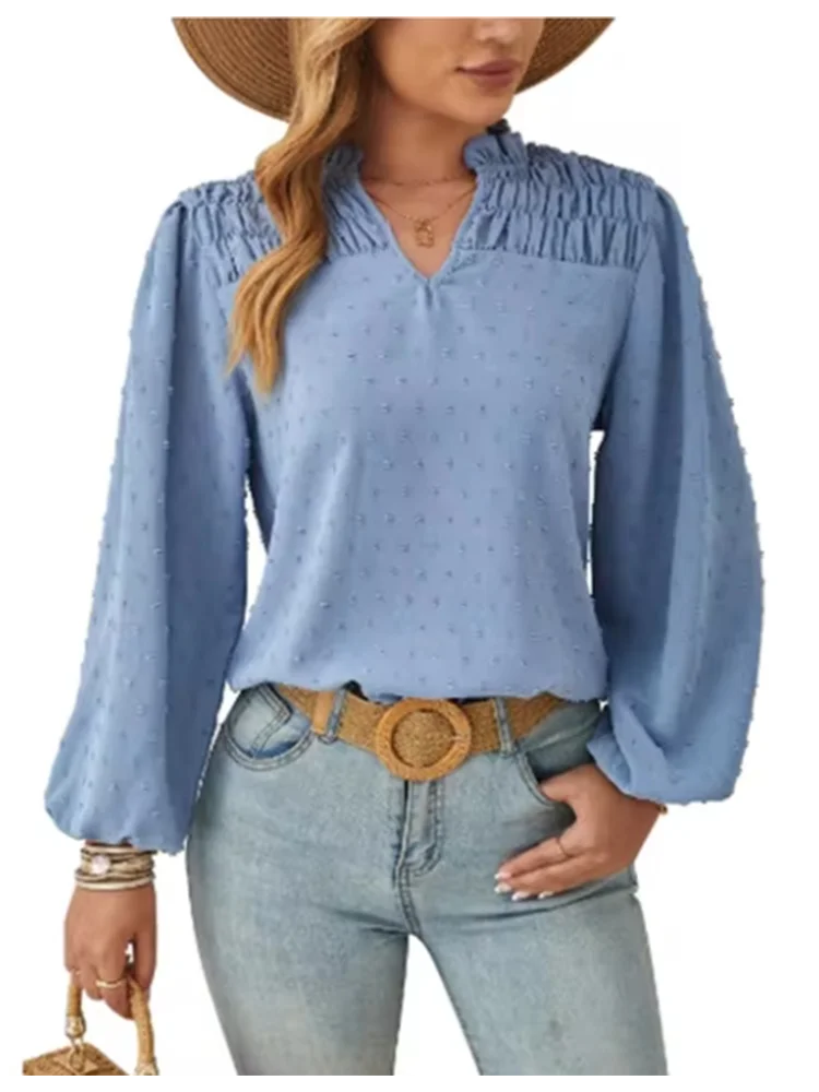 Women's Pleated Jacquard Blouse Lady Solid Color V-Neck Long Sleeve T-Shirt Elegant Autumn Work Top