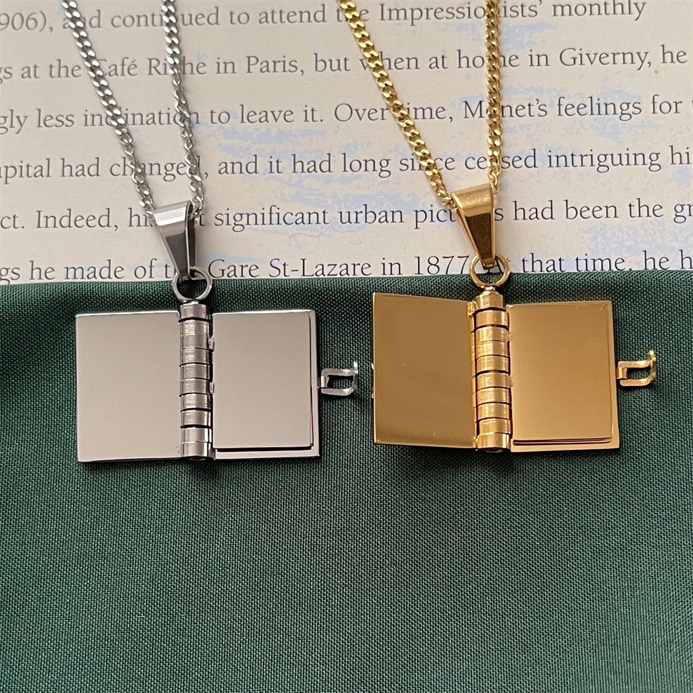 Book Lovers Necklace Stainless Steel Engraved Openable Book Chain Pendant Necklaces for Women Men Vintage Jewelry Gift