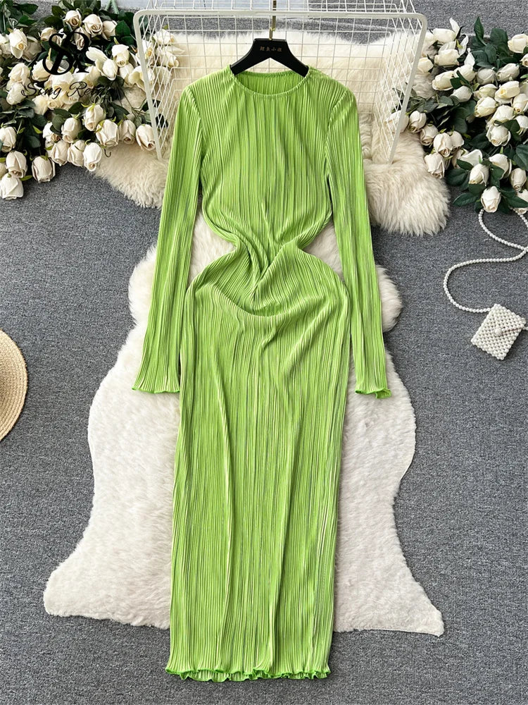 SINGREINY Solid Pleated Long Dress O Neck Full Flare Sleeves HIgh Elastic Female Skinny Fashion Autumn Retro Bodycon Party Dress
