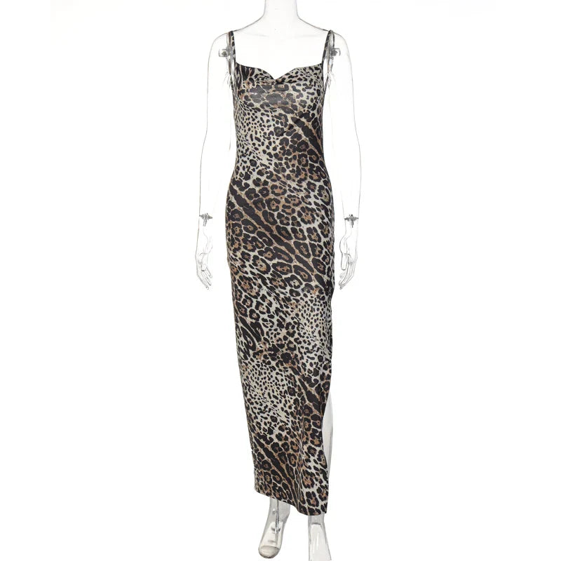 Hugcitar Leopard Print Swing Collar Sleeveless Sexy Maxi Slit Prom Dress Summer Women Fashion Y2K Clothes Party Beach Vacation