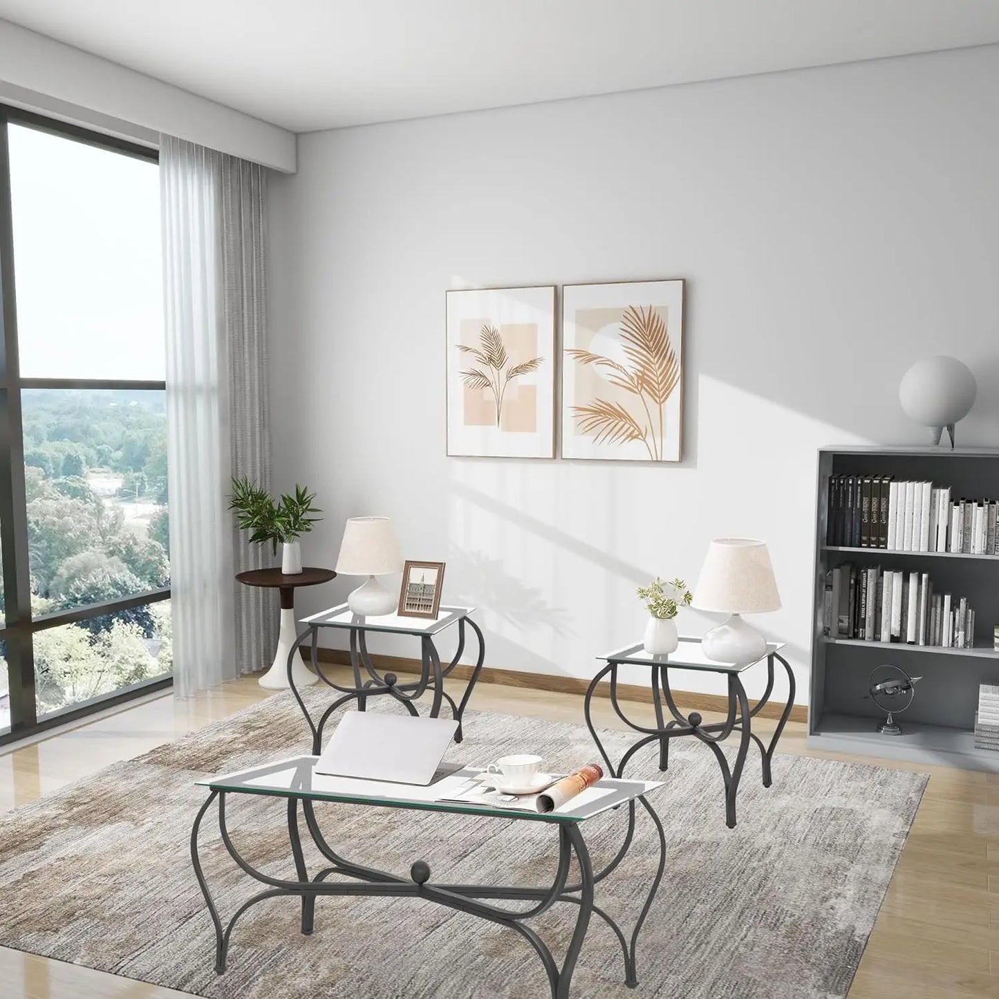 3-Piece Coffee Table Set, Tempered Glass Surface Living Room Sets, Coffee Table & 2 End Side Table, Metal Frame.