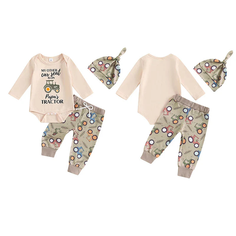 2024-06-01 Lioraitiin 0-18M Baby Boy Fall Outfit Letter Print Long Sleeve Romper and Tractor Print Pants Hat Spring 3 Piece Set