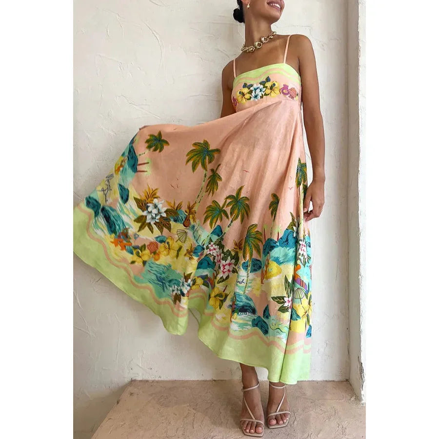 Women's S-XL Size New European and American spring/summer camisole printed casual dress INS loose high waisted vacation dress