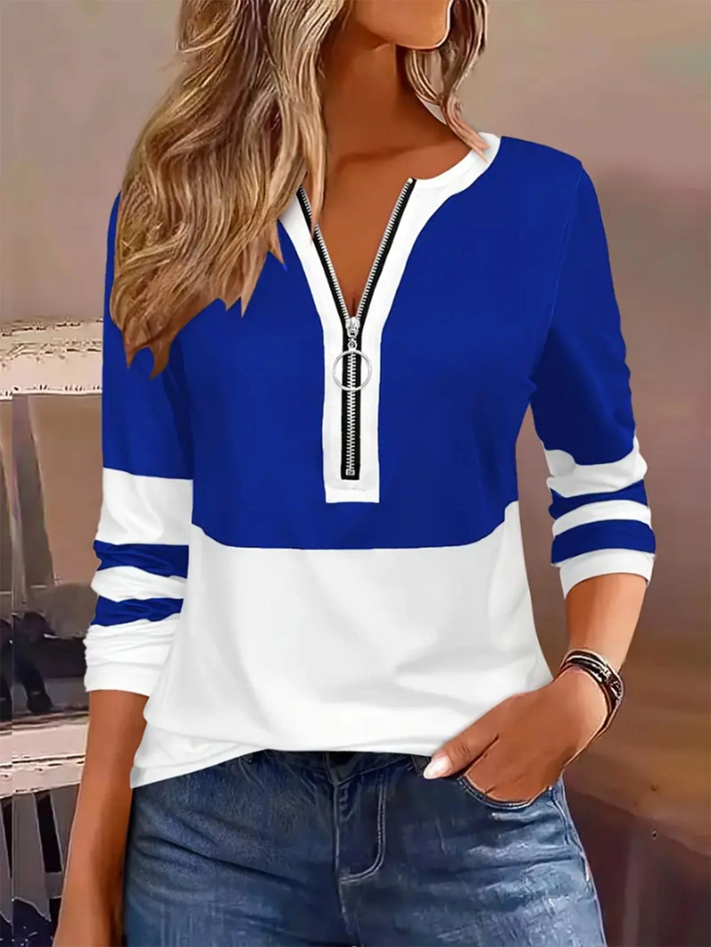 Plus Size Long Sleeve, Geometric Stripes & Color Block Ring Zipper.