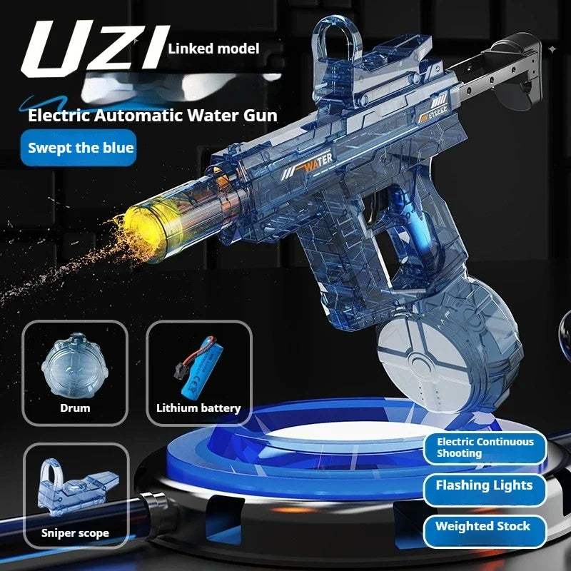 UZI Electric Water Gun with Lights Cool Electric Continuous Firing and Reloading Summer Water Play Kid’s Adult Toy Water Gun