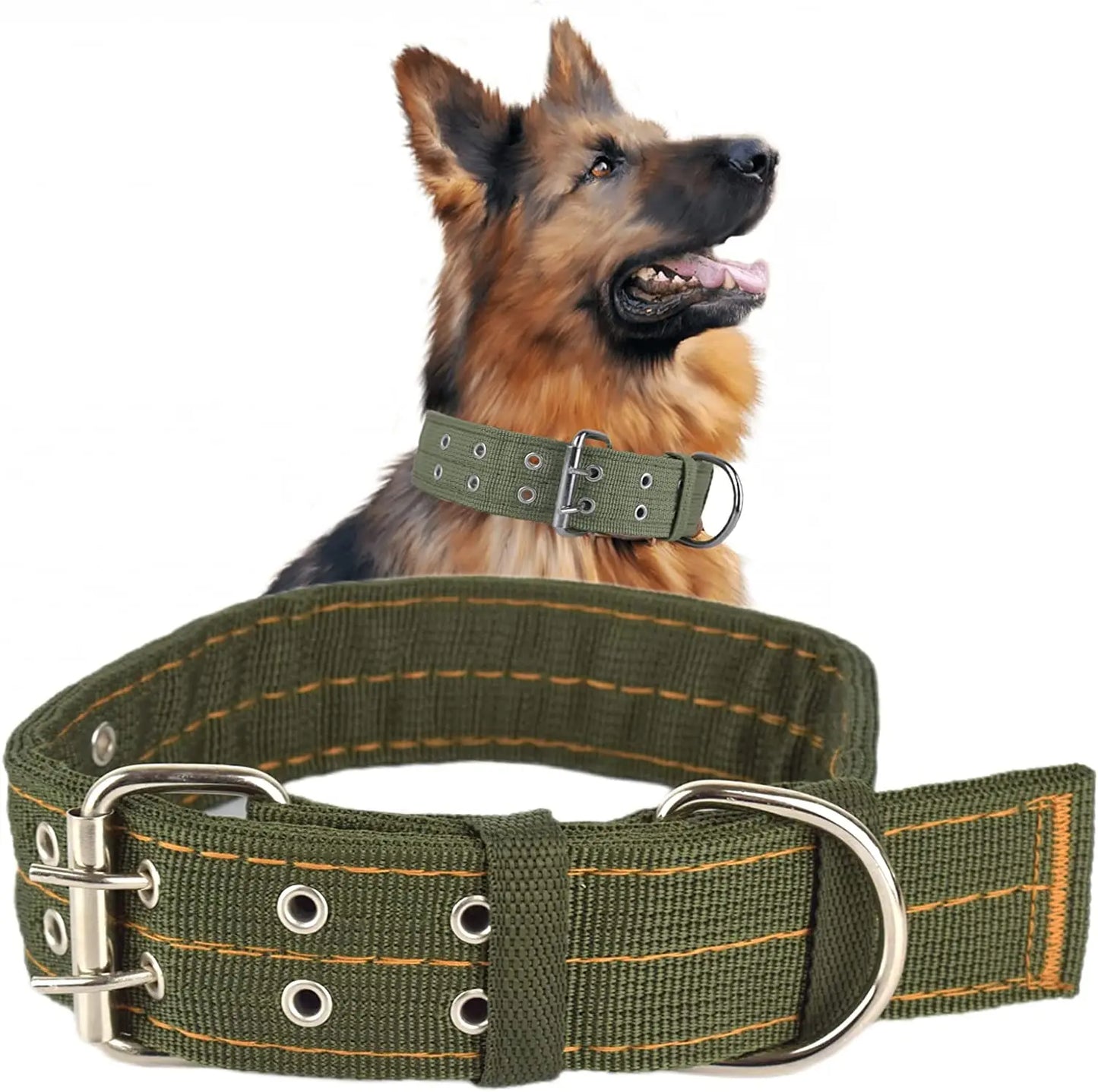Heavy Duty Wide Military Thick Dog Collars for Large Dogs Adjustable Strong Nylon Tactical Pet Collar with 2-Rows Metal Buckle