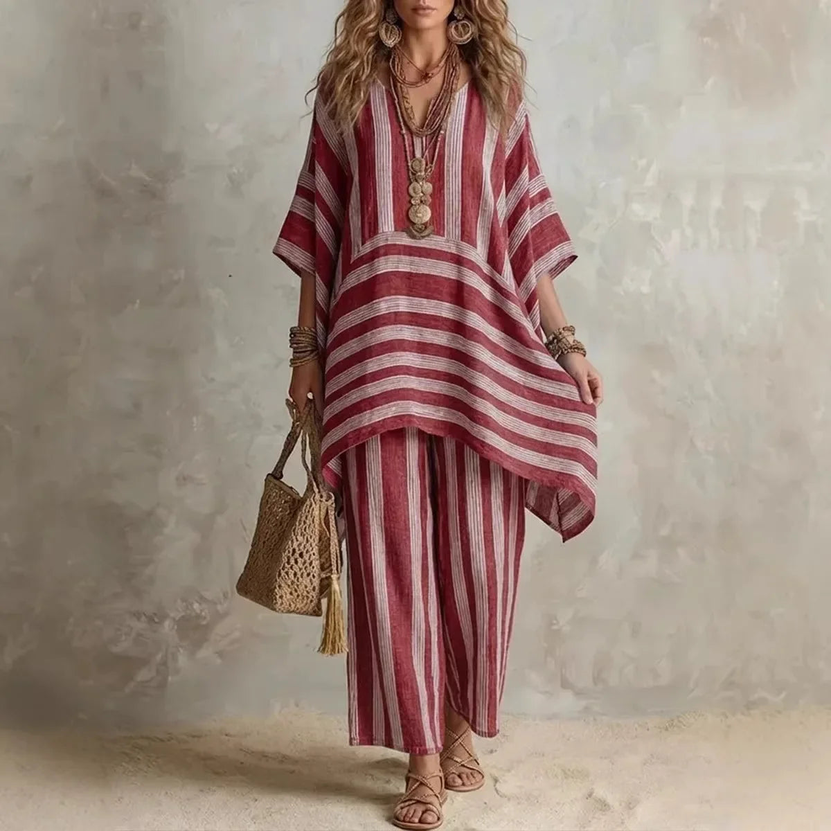2026 New Women's Two Piece Spring/Summer Fashion V-neck Loose Striped Casual Set