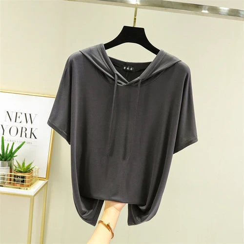 Thin T-shirts Women Hooded Fashion Loose Casual All-match Korean Style Solid Simple Y2k Aesthetic Футболка Женский Cozy Chic New