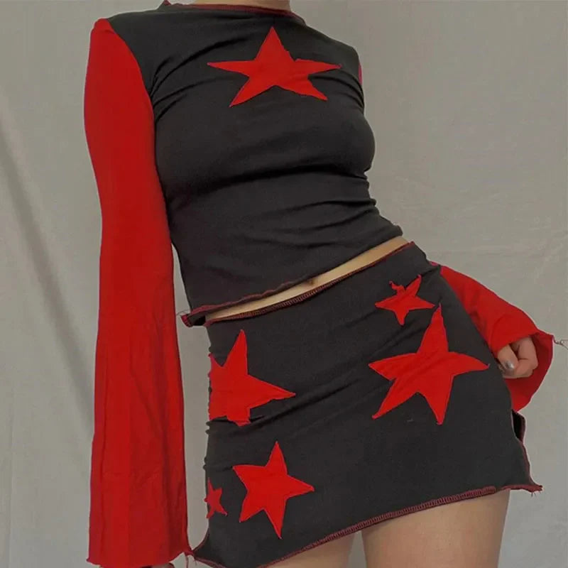 Y2K Flared Long Sleeve Cropped Pentagram Tee and Y2K Gothic Harajuku Streetwear Women's Aesthetic Summer Chic Fabric EMO