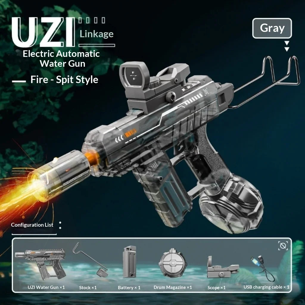 UZI Electric Water Gun with Lights Cool Electric Continuous Firing and Reloading Summer Water Play Kid’s Adult Toy Water Gun