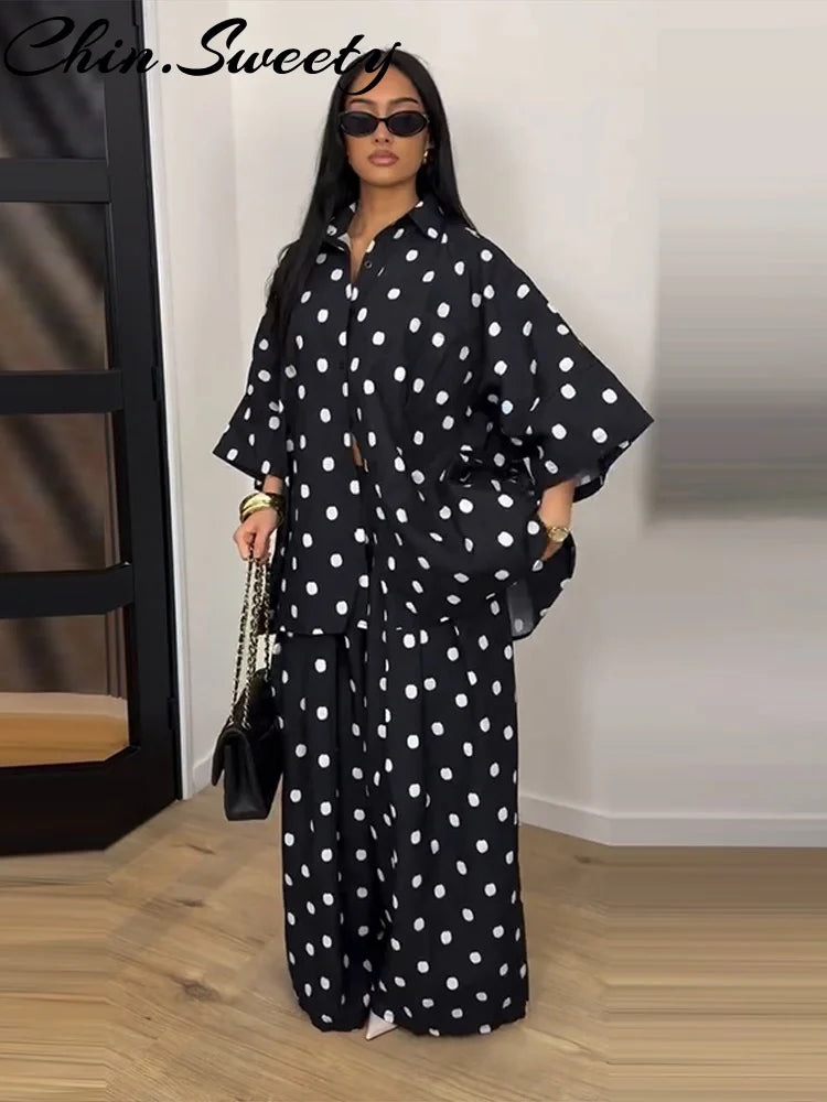 2026 Autumn Summer Polka Dot Shirt Pants Women Set Elegant Lapel Three Quarter Top Wide Leg Trousers Vacation Lady Outfit Suits