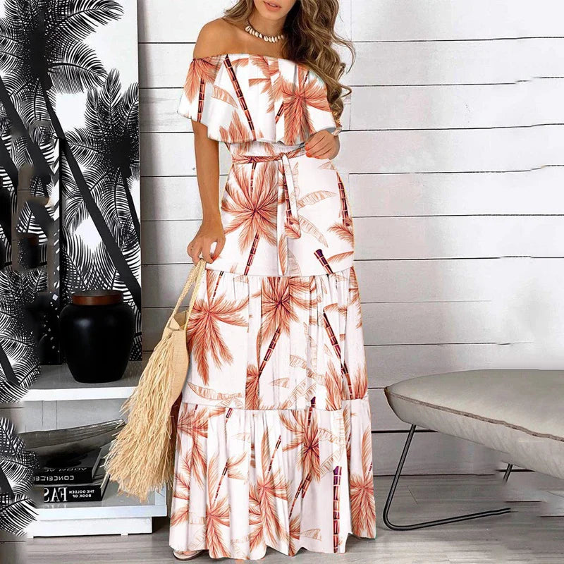2021 New Fashion Leopard Robe Print Long Dress Ruffle Maxi Sundress Bohemian Women Summer Sexy Casual Elegant Strapless Vestidos