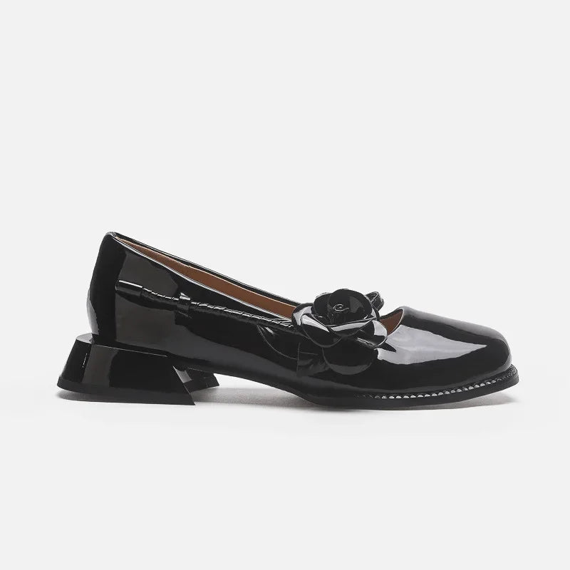 Lacquer Leather Mary Jane Shoes Women Flower Designer Women Shoes Shallow Fashion Square Toe Elegant Chunky Retro Pumps Female