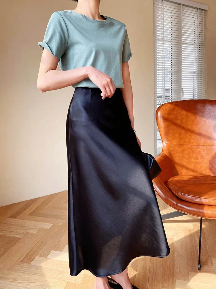 Elegant Women's Skirts Korean Fashion Satin Silk A-line Skirt Office Black Champagne Long Summer Skirts Woman Fashion 2024