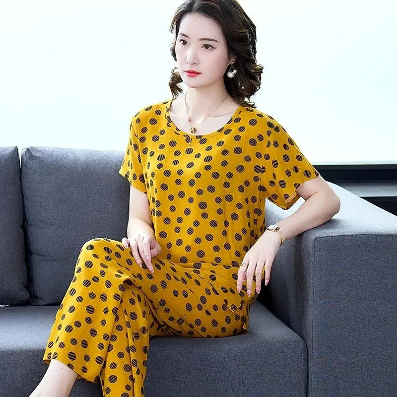Cotton Silk Suit Summer Women's Sets New Casual Solid Color Short Sleeve Ankle-Length Pants 2 Piece Set Middle Age Mother Outfit